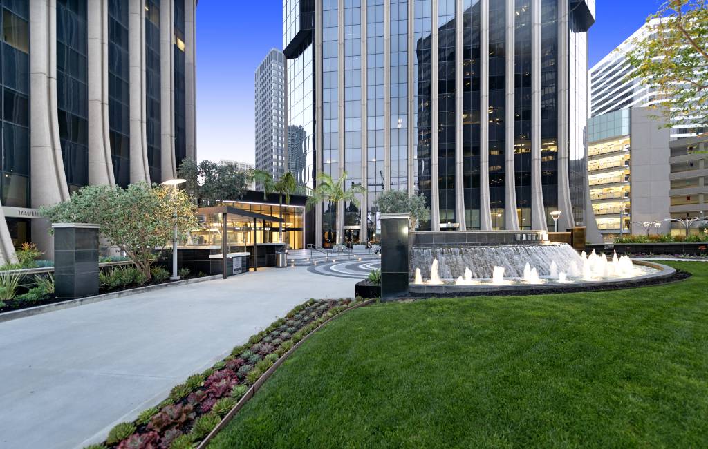 Looking up at the two Watt Plaza Towers in Century City, CA